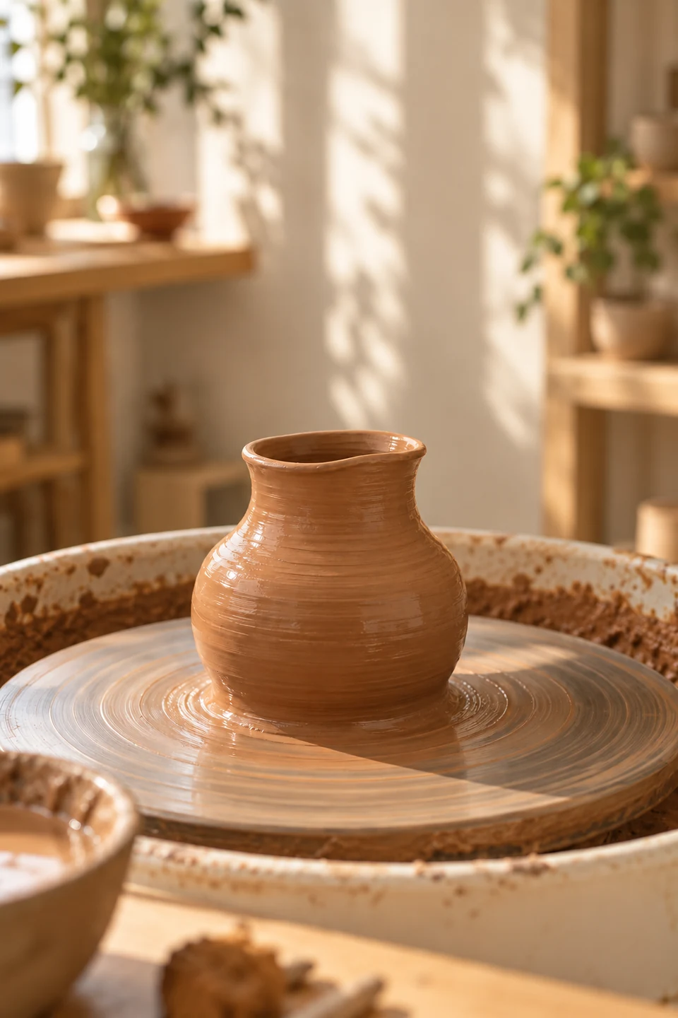 Handcrafted clay vase on a pottery wheel