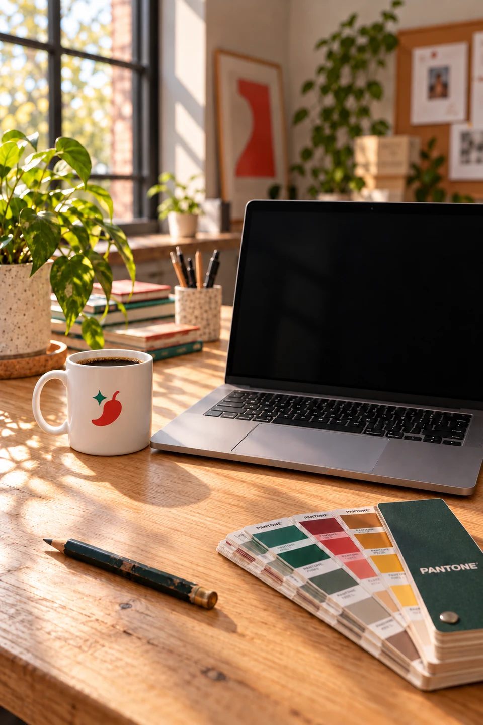 Creative workspace with a laptop, coffee and colour swatches