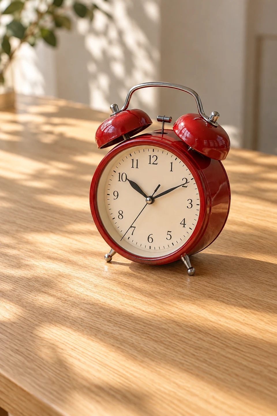 Red alarm clock on a sunlit wooden desk