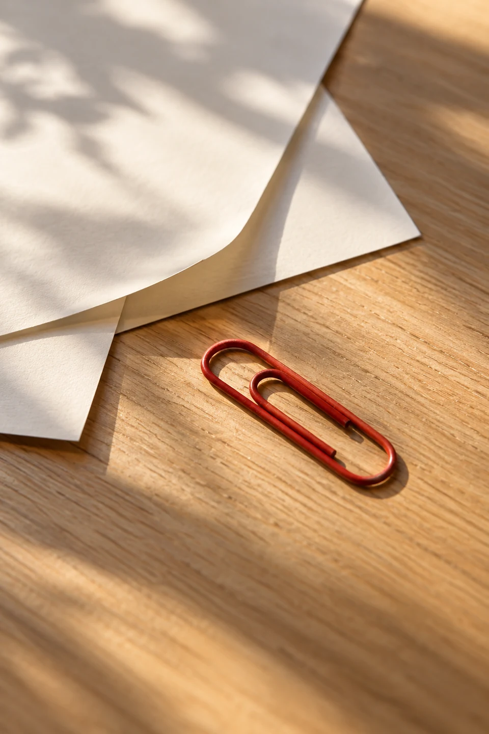 Red paperclip beside loose sheets of paper