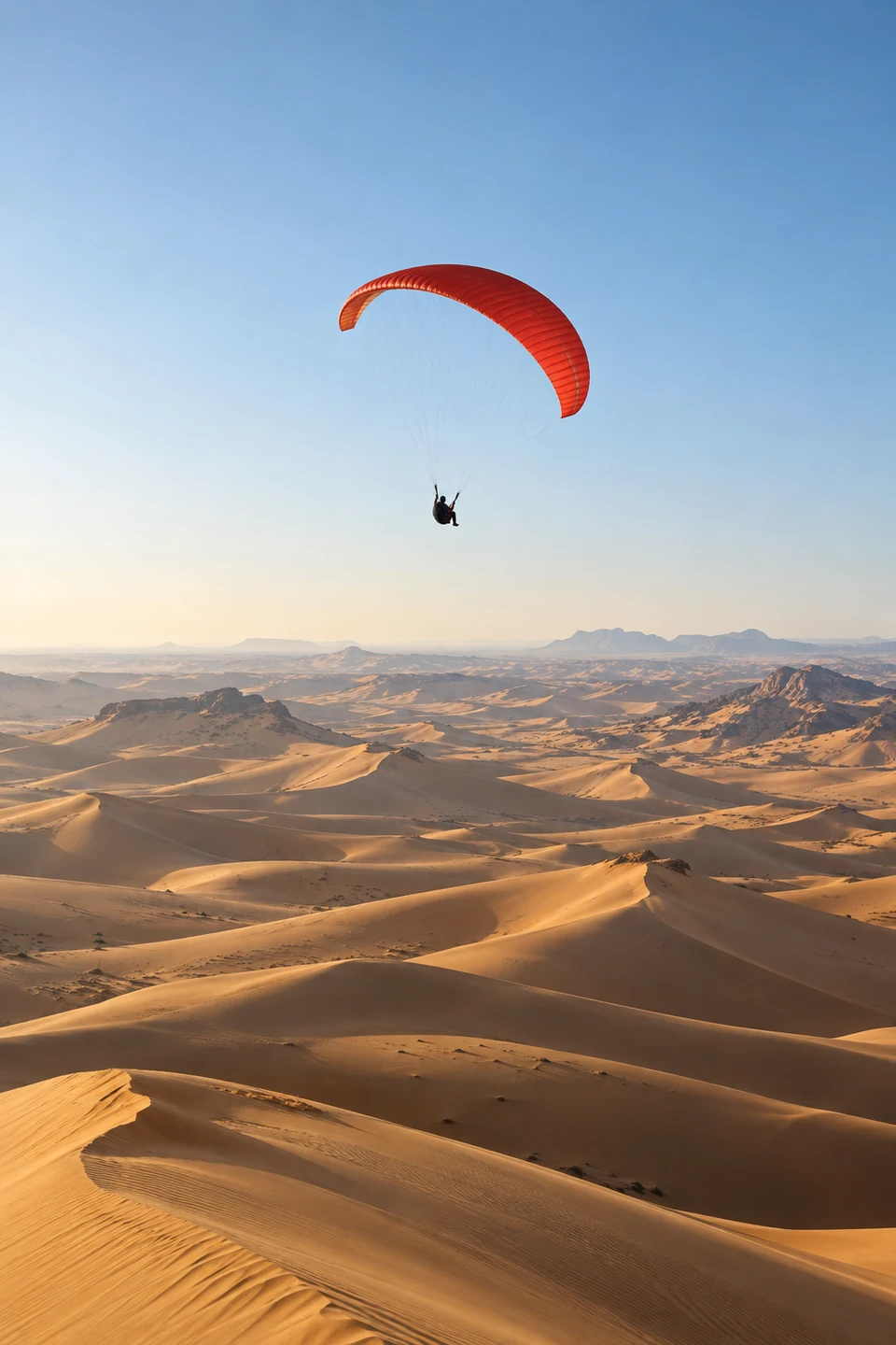 Red paraglider flying freely over golden sand dunes